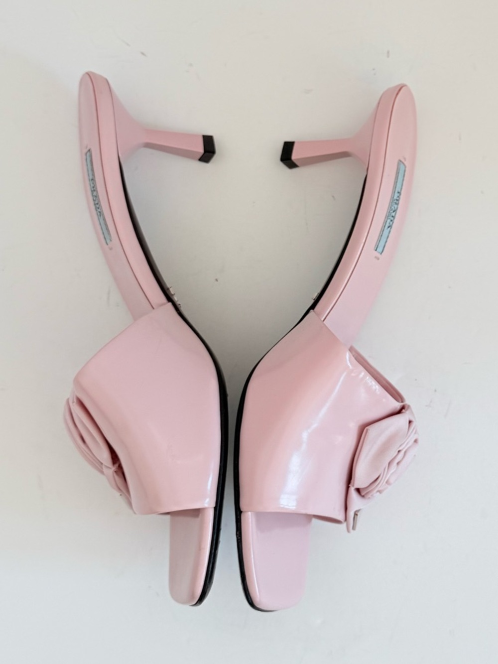 Prada Pink Rosette Triangle logo Square Toe slide Mule kitten Heels EU 39 US 9 - Picture 5 of 13